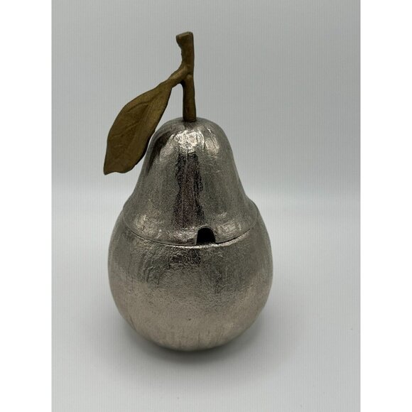 Discontinued Michael Aram Nickel Plated Pear Honey Pot Brass Leaf Brown Enamel - Picture 2 of 4